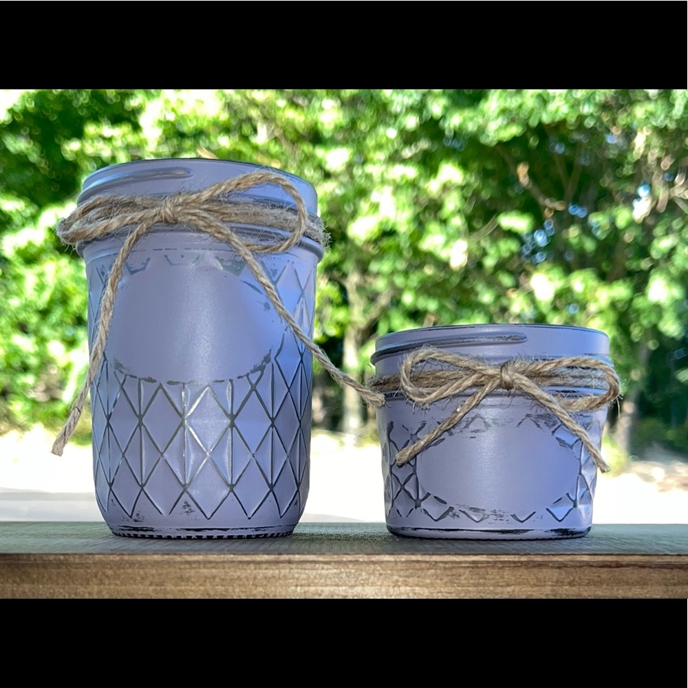 Hand Painted & Distressed Quilted Crystal Mason Jar Set in Silver Lilac